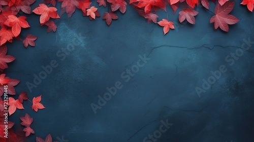 Autumn background with colored red leaves on green slate background top view copy space ai generated