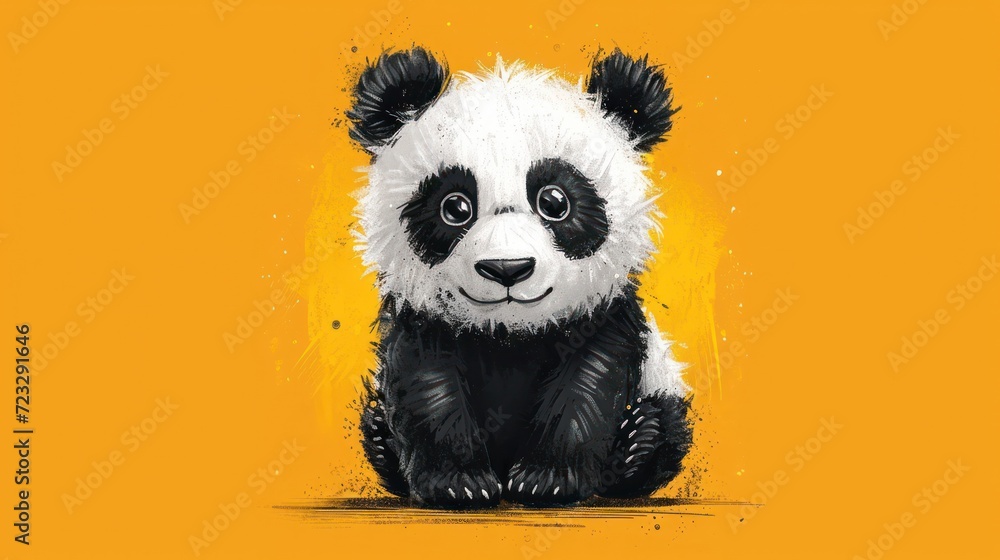 a black and white panda bear sitting on top of a yellow and orange background with a black and white panda bear on top of it's legs and a black and white panda bear sitting on top of it's legs. a black and white panda bear sitting on top of a yellow and orange background with a black and white panda bear on top of it's legs and a black and white panda bear sitting on top of it's legs.