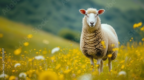 A beautiful big fat sheep stands and looks at the camera