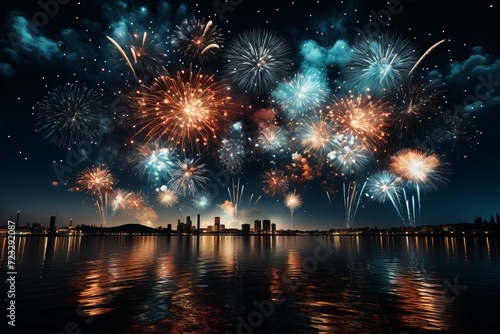 A spectacular fireworks display by the seaside reflecting in the water.