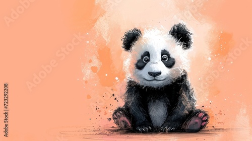  a black and white panda bear sitting in front of an orange background and looking at the camera with a surprised look on its face, with its eyes wide open.