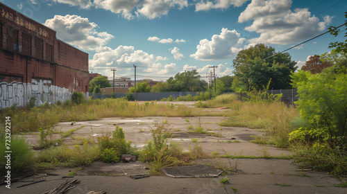 A vacant lot with overgrown weeds and remnants of a demolished building.