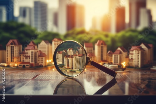 Searching for new house for purchase. Rental housing market. Magnifying glass near a residential building