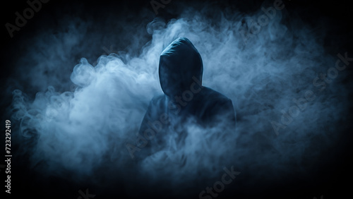 Human in a hood against the background of smoke photo