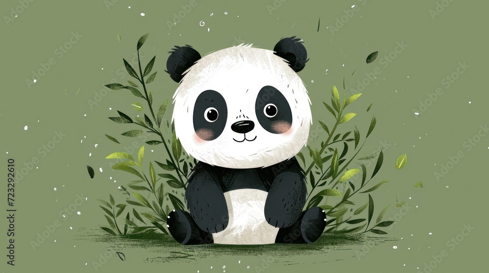 a panda bear sitting on top of a pile of green grass next to a green leafy plant with eyes wide open and a sad look on it's face.