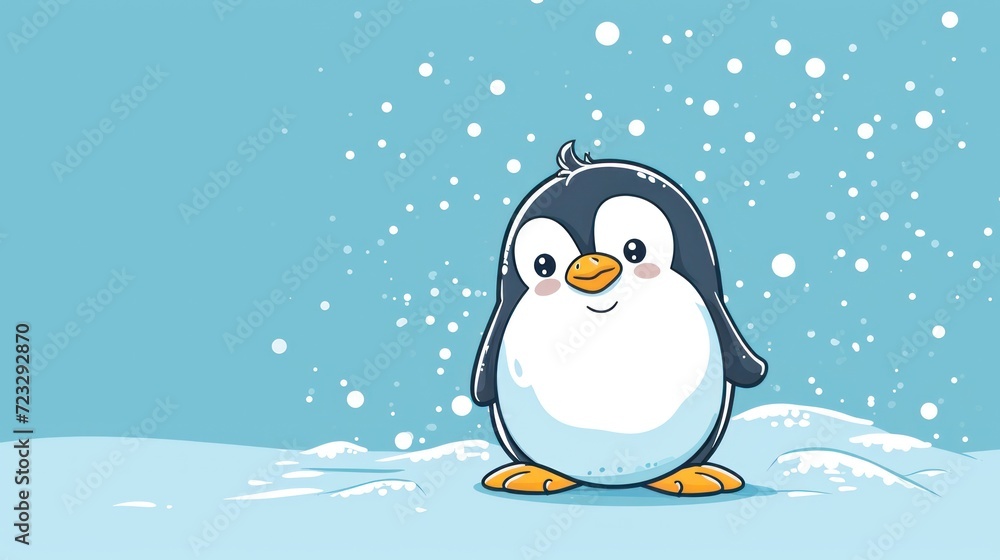 a penguin is standing in the snow with snow flakes on it's back and it's head turned to look like it's coming out of the water. a penguin is standing in the snow with snow flakes on it's back and it's head turned to look like it's coming out of the water.
