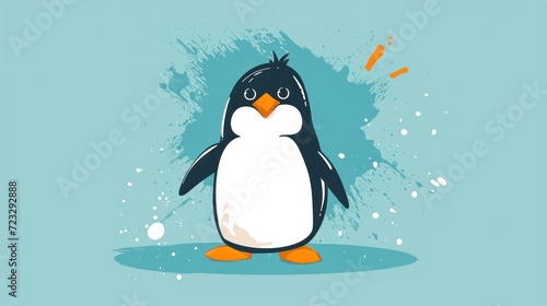  a penguin with a sad look on its face standing in front of a blue background with a splash of paint on the bottom half of the penguin's face.