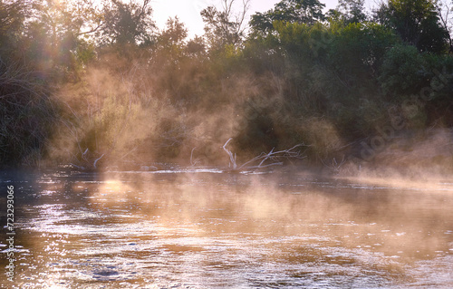 Magic fog in the river valley at sunrise; mysterious atmosphere of the morning river