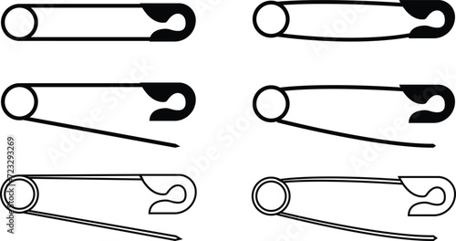Safety pin. Opened and closed pin set. pierced and clipping path sign. Vector icon. Open and close safety pins. Realistic Metal Safety Pin Vector silhouette editable stroke on transparent background.