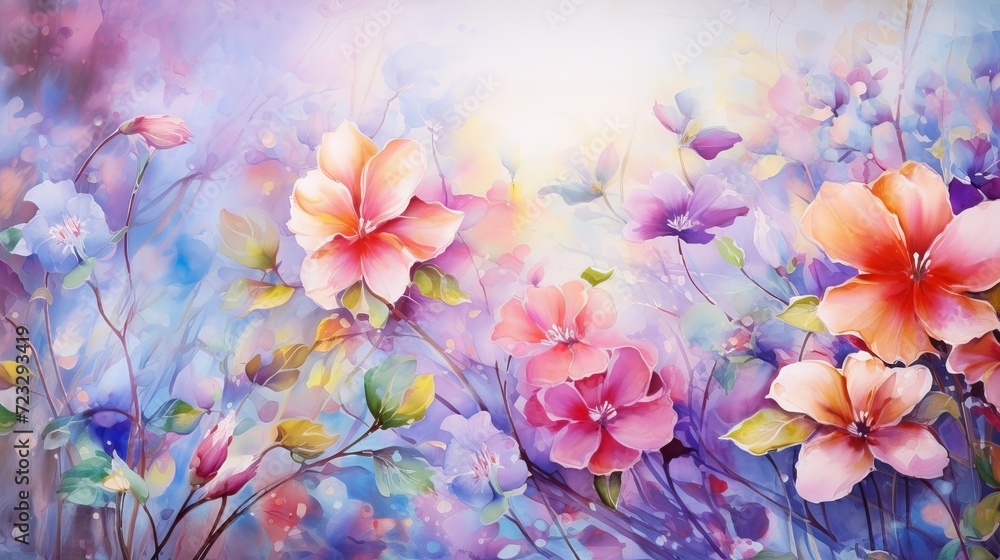 Abstract colorful flowers watercolor painting. spring multicolored in nature