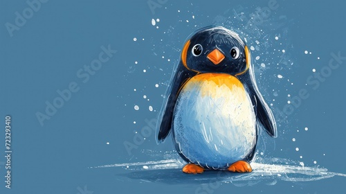  a painting of a penguin on a blue background with snow flakes in the foreground and a blue background with snow flakes in the foreground and snowflakes in the foreground.