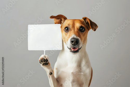 Portrait of cute dog holding up empty speech bubble for text in studio background.