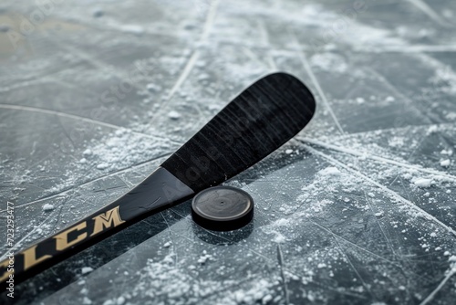 Close up of a black hockey stick and rubber puck on an ice background with space for text