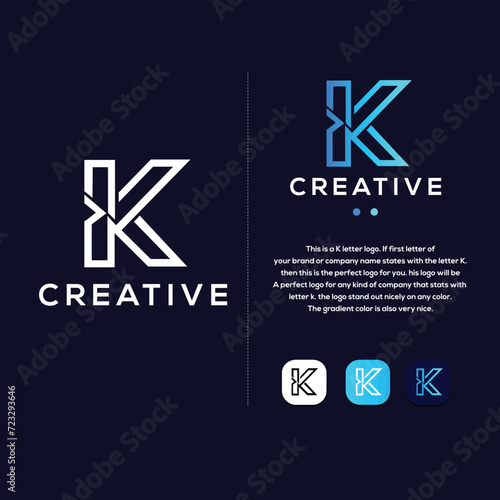 Abstract letter K modern logotype icon design concept. Creative minimalist gradient logo template with blue background.