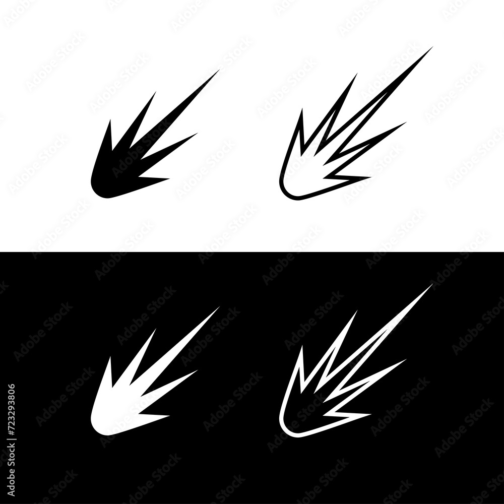 Set of explosion, spark or comet icons. Fire from a rocket engine or a