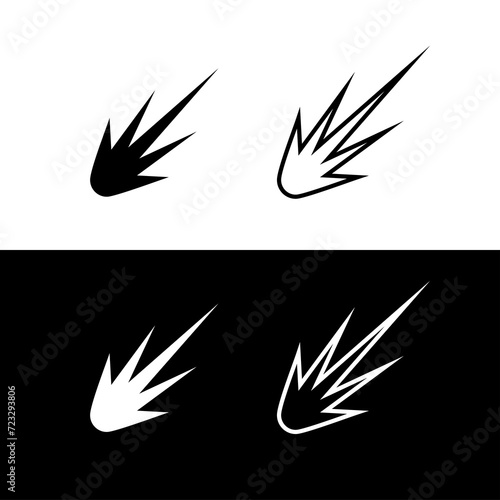 Set of explosion, spark or comet icons. Fire from a rocket engine or a meteorite falling. A trail of fire in the sky. Explosion of a shell or bomb. photo