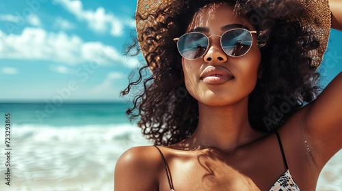 The beach is her sanctuary, where happiness washes over her with each crashing wave. Dark-skinned young woman in straw hat and sunglasses.