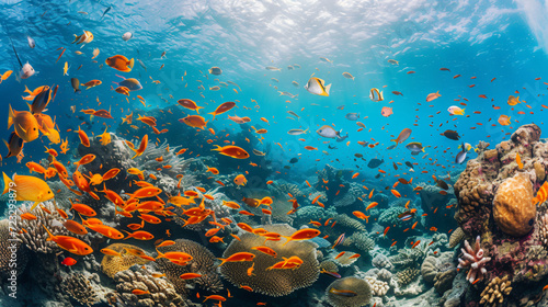 A vibrant coral reef underwater bustling with colorful fish and marine life.