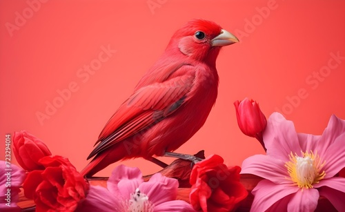 Bright red cardinal on a branch with pink flower generative ai © Mehak