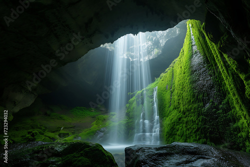 Waterfall in the cave with green moss.
