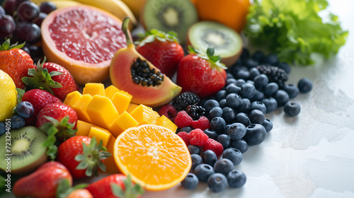 A vibrant display of fresh fruits and superfoods on a clean white surface.