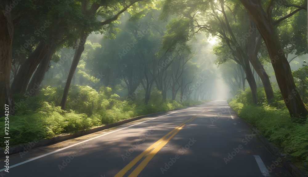 Fototapeta premium Whispers of Adventure Endless road through a rainforest, whispering tales of faraway lands and untold stories 
