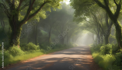 Whispers of Adventure Endless road through a rainforest, whispering tales of faraway lands and untold stories
