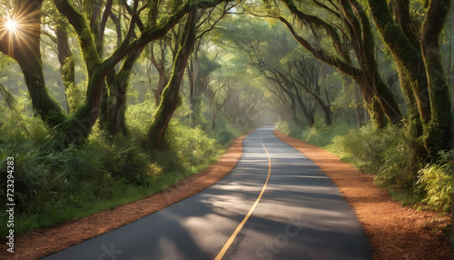 Whispers of Adventure Endless road through a rainforest, whispering tales of faraway lands and untold stories

