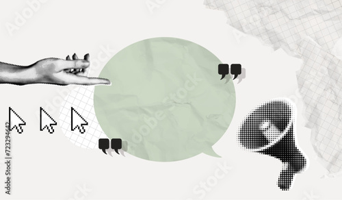 Trendy Halftone Collage Hand showing empty space speech bubble. Megaphone with message and quote symbols. Social media communication and adverting. Online news. Contemporary vector illustration art