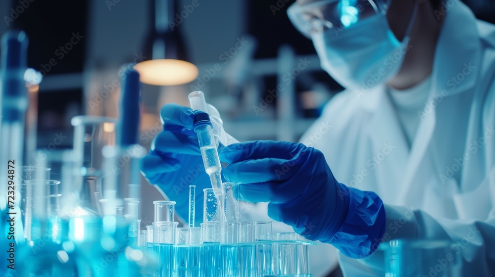 Hands in latex gloves holding a test tube with coloured liquid against a background of laboratory and microscopes Hands in latex gloves holding a test tube with coloured liquid against a background of laboratory and microscopes