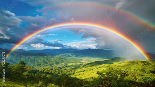 A vibrant rainbow arching over a lush valley. © Lisan