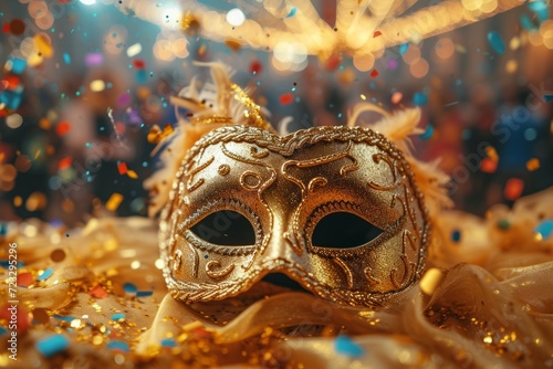 A shiny golden carnival mask lies on a golden table surrounded by confetti and glitter