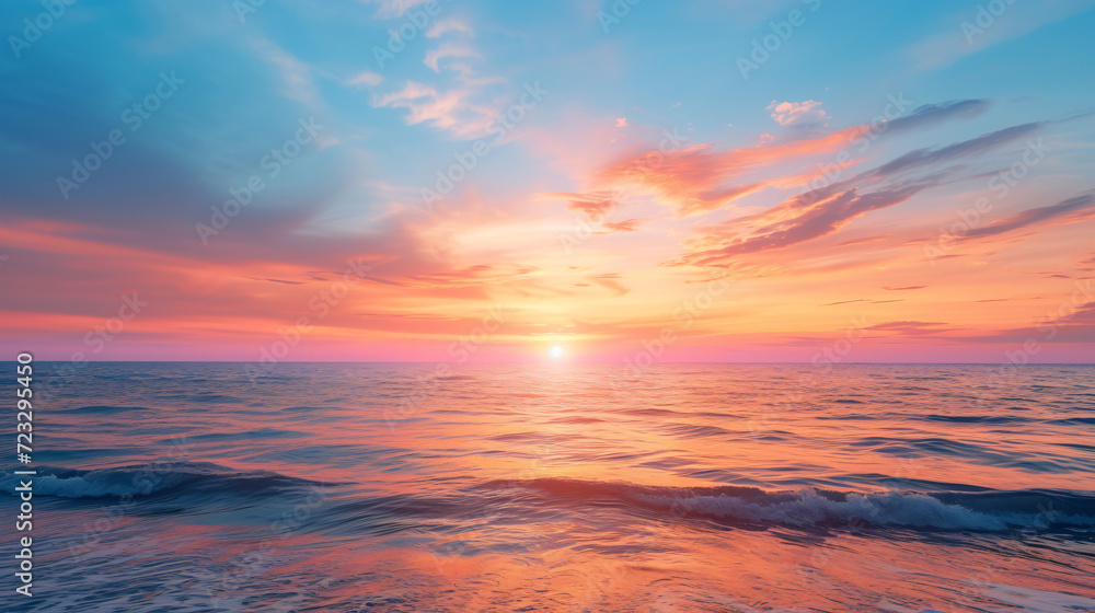 A vibrant sunset over a tranquil ocean.