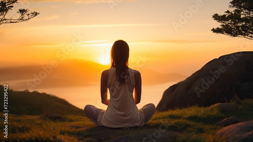 Back view of woman doing yoga in the sunset