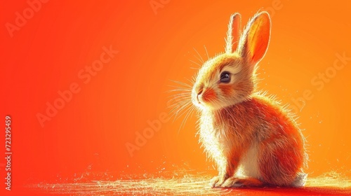  a painting of a rabbit sitting in front of a bright orange background with a small amount of light coming from the top of the rabbit's head and ears.