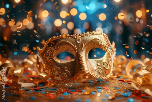 A shiny golden carnival mask lies on a golden table surrounded by confetti and glitter