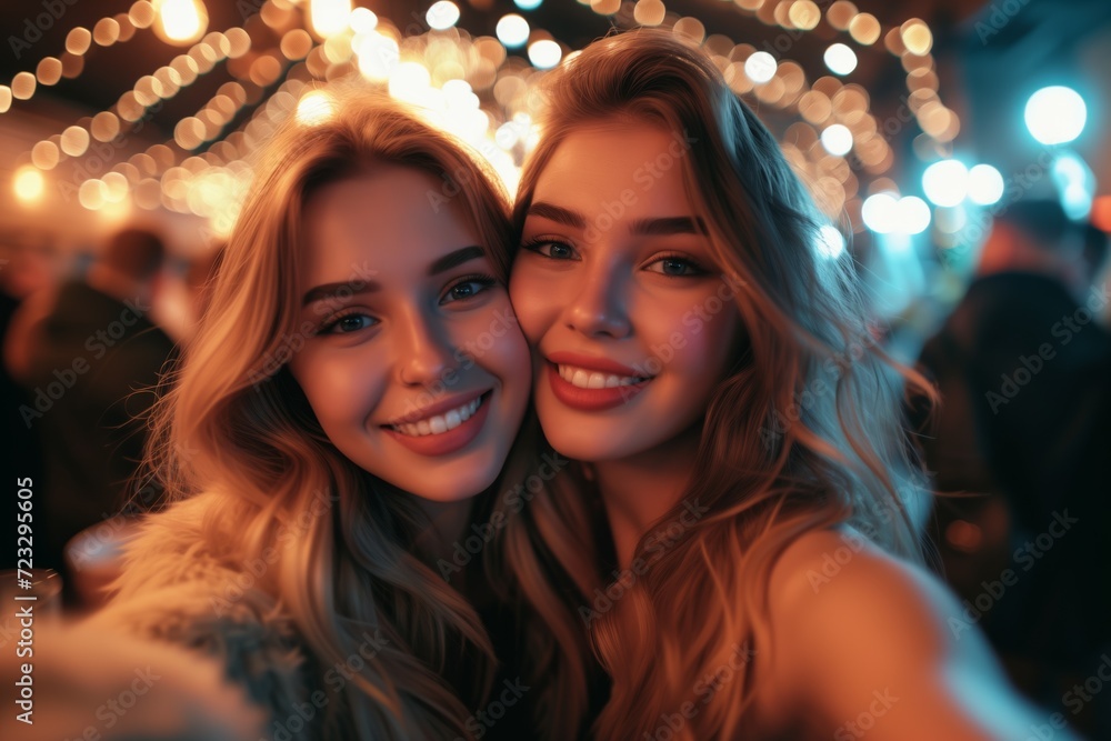 Two beautiful fashionable girlfriends taking selfies at a party