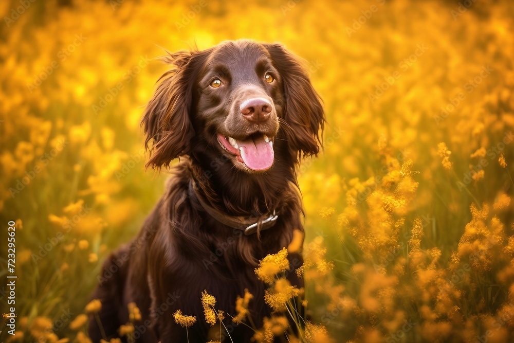 Boykin spaniel dog sitting in meadow field surrounded by vibrant wildflowers and grass on sunny day ai generated