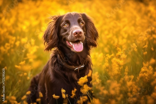 Boykin spaniel dog sitting in meadow field surrounded by vibrant wildflowers and grass on sunny day ai generated photo
