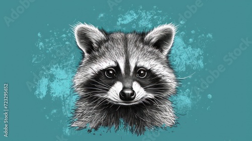  a close up of a raccoon's face on a blue background with a black and white drawing of a raccoon's head on it. © Nadia