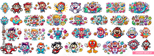 Colorful collection of cartoon character stickers vector illustration photo
