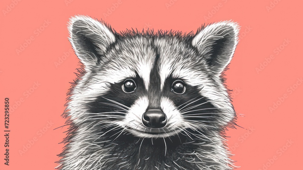  a close up of a raccoon's face on a pink background with a black and white drawing of a raccoon's face on it.