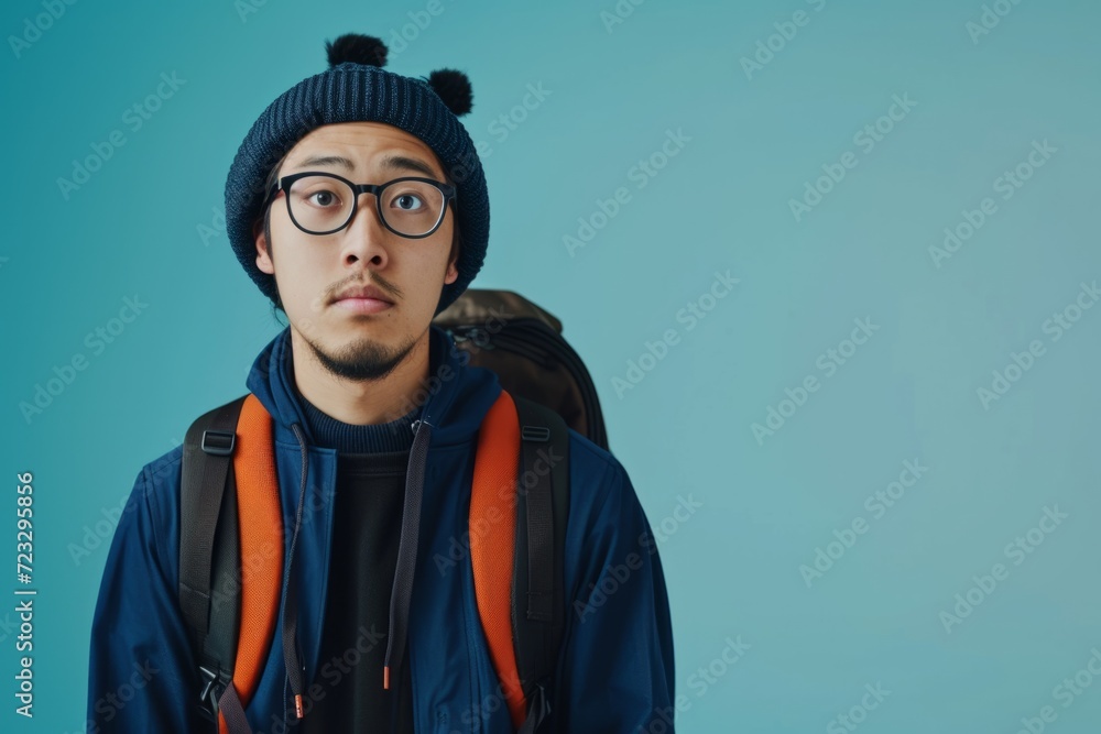 Asian Student With Backpack And Glasses Glimpse At Empty Space For Ads Asian Student With Backpack And Glasses Glimpse At Empty Space For Ads