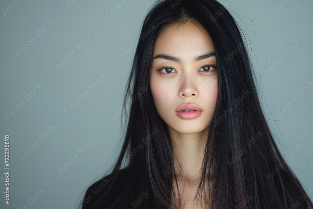Asian Supermodel Showcases Perfectly Styled Long Straight Hair Extensions With Side Part, Symmetrical Pose, And Ample Copy Space Asian Supermodel Showcases Perfectly Styled Long Straight Hair Extensions With Side Part, Symmetrical Pose, And Ample Copy Space