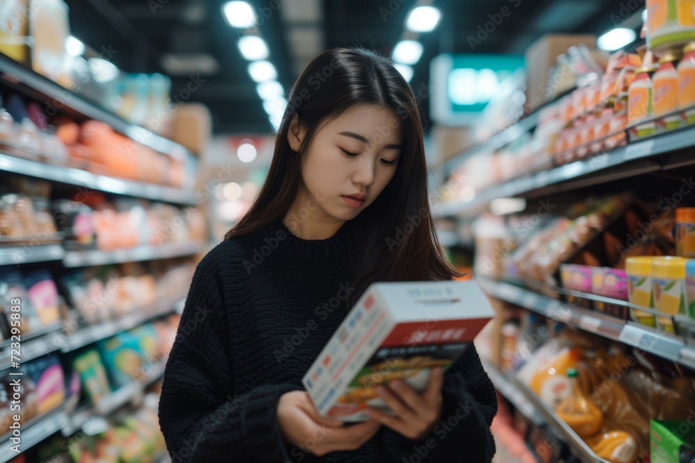 Asian Woman Grocery Shopping, Checking Items Off Her List At The Supermarket