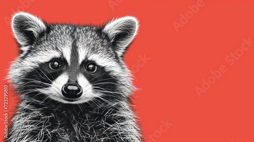  a close up of a raccoon's face on a red background with a black and white drawing of a raccoon's face on it. © Nadia