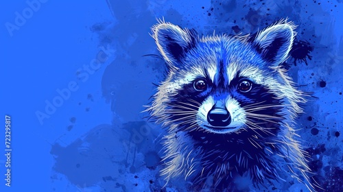  a close up of a raccoon's face with blue paint splattered on it's face and it's face is looking at the camera.