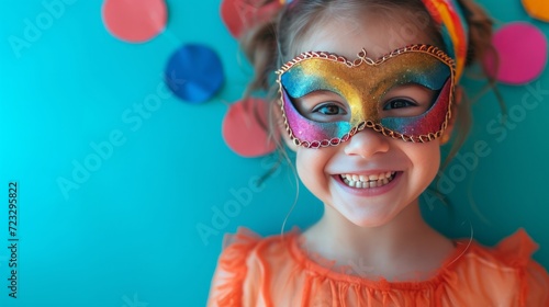 A five-year-old girl wearing a carnival mask laughs and looks at the camera on a minimalistic bright background photo