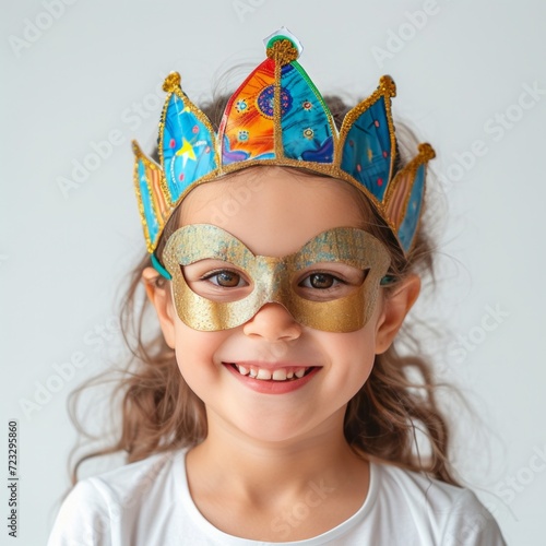 A five-year-old girl wearing a carnival mask laughs and looks at the camera o...
