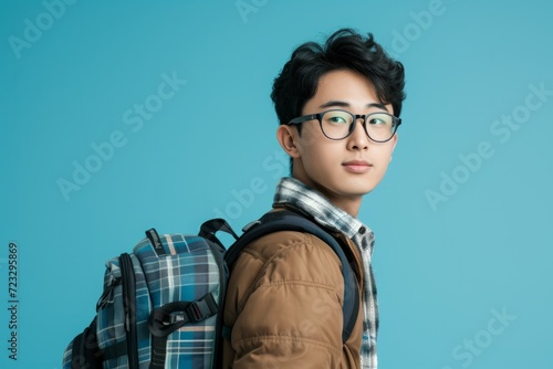 Symmetrical Photo Of Asian Student With Backpack And Glasses, Perfectly Centered With Copy Space For Ads